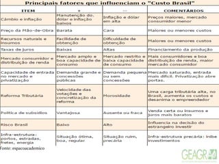 Custo Brasil
É um termo utilizado para se descrever as
dificuldades encontradas no país
Fonte: espacoacademico
 
