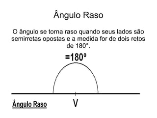 Ângulo Raso
O ângulo se torna raso quando seus lados são
semirretas opostas e a medida for de dois retos
de 180°.
 