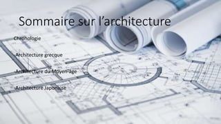 Sommaire sur l’architecture
Chronologie
-Architecture grecque
-Architecture du Moyen-âge
-Architecture Japonaise
 