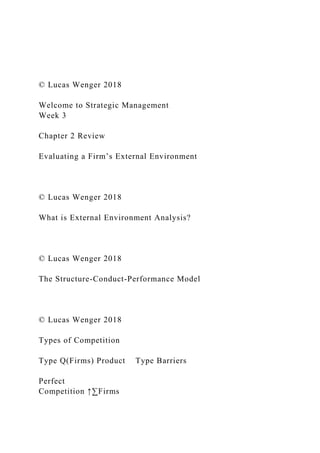 © Lucas Wenger 2018
Welcome to Strategic Management
Week 3
Chapter 2 Review
Evaluating a Firm’s External Environment
© Lucas Wenger 2018
What is External Environment Analysis?
© Lucas Wenger 2018
The Structure-Conduct-Performance Model
© Lucas Wenger 2018
Types of Competition
Type Q(Firms) Product Type Barriers
Perfect
Competition ↑∑Firms
 