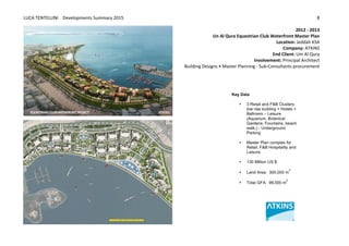 LUCA	
  TENTELLINI	
  	
  	
  	
  Developments	
  Summary	
  2015	
  
	
  
	
  
8	
  
2012	
  -­‐	
  2013	
  
Un	
  Al	
  Qura	
  Equestrian	
  Club	
  Waterfront	
  Master	
  Plan	
  
Location:	
  Jeddah	
  KSA	
  
Company:	
  ATKINS	
  
End	
  Client:	
  Um	
  Al	
  Qura	
  
Involvement:	
  Principal	
  Architect	
  
	
  	
  	
  	
  	
  	
  	
  	
  	
  	
  	
  	
  	
  	
  	
  	
  	
  	
  	
  	
  	
  	
  	
  	
  	
  	
  	
  	
  	
  	
  	
  	
  	
  	
  	
  	
  	
  	
  	
  	
  	
  	
  	
  Building	
  Designs	
  •	
  Master	
  Planning	
  -­‐	
  Sub-­‐Consultants	
  procurement	
  
	
  
	
   	
  
Key  Data  
• 3  Retail  and  F&B  Clusters  
low  rise  building  +  Hotels  +  
Ballroom  –  Leisure  
(Aquarium,  Botanical  
Gardens,  Fountains,  beach  
walk,)  -­  Underground  
Parking  
  
• Master  Plan  complex  for  
Retail,  F&B  Hospitality  and  
Leisure
  
• 130  Million  US  $
  
• Land  Area:    300,000  m
2
  
  
• Total  GFA:    99,000  m
2
  
 