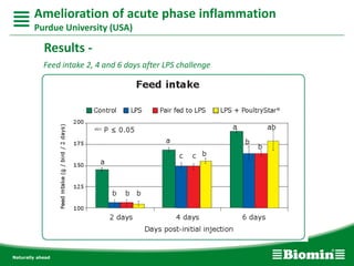 Feed intake 2, 4 and 6 days after LPS challenge
Amelioration of acute phase inflammation
Purdue University (USA)
Results -
 