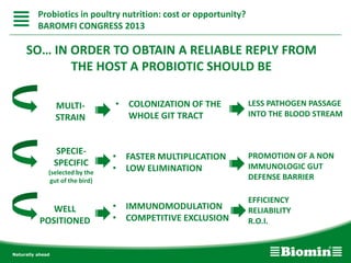 SO… IN ORDER TO OBTAIN A RELIABLE REPLY FROM
THE HOST A PROBIOTIC SHOULD BE
MULTI-
STRAIN
• COLONIZATION OF THE
WHOLE GIT TRACT
SPECIE-
SPECIFIC
(selected by the
gut of the bird)
• FASTER MULTIPLICATION
• LOW ELIMINATION
WELL
POSITIONED
• IMMUNOMODULATION
• COMPETITIVE EXCLUSION
LESS PATHOGEN PASSAGE
INTO THE BLOOD STREAM
PROMOTION OF A NON
IMMUNOLOGIC GUT
DEFENSE BARRIER
EFFICIENCY
RELIABILITY
R.O.I.
Probiotics in poultry nutrition: cost or opportunity?
BAROMFI CONGRESS 2013
 