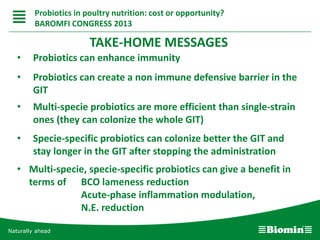 Naturally ahead
TAKE-HOME MESSAGES
• Probiotics can enhance immunity
• Probiotics can create a non immune defensive barrier in the
GIT
• Multi-specie probiotics are more efficient than single-strain
ones (they can colonize the whole GIT)
• Specie-specific probiotics can colonize better the GIT and
stay longer in the GIT after stopping the administration
• Multi-specie, specie-specific probiotics can give a benefit in
terms of BCO lameness reduction
Acute-phase inflammation modulation,
N.E. reduction
Probiotics in poultry nutrition: cost or opportunity?
BAROMFI CONGRESS 2013
 