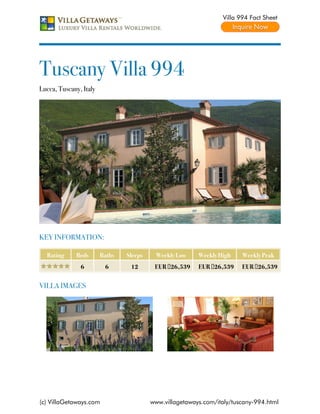 Villa 994 Fact Sheet




Tuscany Villa 994
Lucca, Tuscany, Italy




KEY INFORMATION:

  Rating     Beds       Baths   Sleeps    Weekly Low     Weekly High    Weekly Peak
               6         6       12       EUR €26,539    EUR €26,539    EUR €26,539


VILLA IMAGES




(c) VillaGetaways.com                    www.villagetaways.com/italy/tuscany-994.html
 