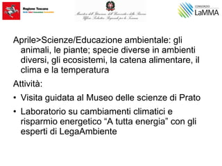 Aprile>Scienze/Educazione ambientale: gli
animali, le piante; specie diverse in ambienti
diversi, gli ecosistemi, la catena alimentare, il
clima e la temperatura
Attività:
• Visita guidata al Museo delle scienze di Prato
• Laboratorio su cambiamenti climatici e
risparmio energetico “A tutta energia” con gli
esperti di LegaAmbiente
 