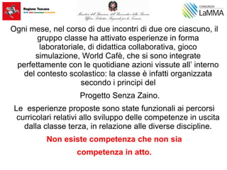 Ogni mese, nel corso di due incontri di due ore ciascuno, il
gruppo classe ha attivato esperienze in forma
laboratoriale, di didattica collaborativa, gioco
simulazione, World Cafè, che si sono integrate
perfettamente con le quotidiane azioni vissute all’ interno
del contesto scolastico: la classe è infatti organizzata
secondo i principi del
Progetto Senza Zaino.
Le esperienze proposte sono state funzionali ai percorsi
curricolari relativi allo sviluppo delle competenze in uscita
dalla classe terza, in relazione alle diverse discipline.
Non esiste competenza che non sia
competenza in atto.
 