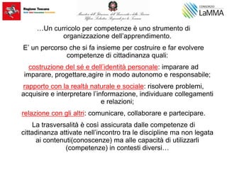 …Un curricolo per competenze è uno strumento di
organizzazione dell’apprendimento.
E’ un percorso che si fa insieme per costruire e far evolvere
competenze di cittadinanza quali:
costruzione del sé e dell’identità personale: imparare ad
imparare, progettare,agire in modo autonomo e responsabile;
rapporto con la realtà naturale e sociale: risolvere problemi,
acquisire e interpretare l’informazione, individuare collegamenti
e relazioni;
relazione con gli altri: comunicare, collaborare e partecipare.
La trasversalità è così assicurata dalle competenze di
cittadinanza attivate nell’incontro tra le discipline ma non legata
ai contenuti(conoscenze) ma alle capacità di utilizzarli
(competenze) in contesti diversi…
 