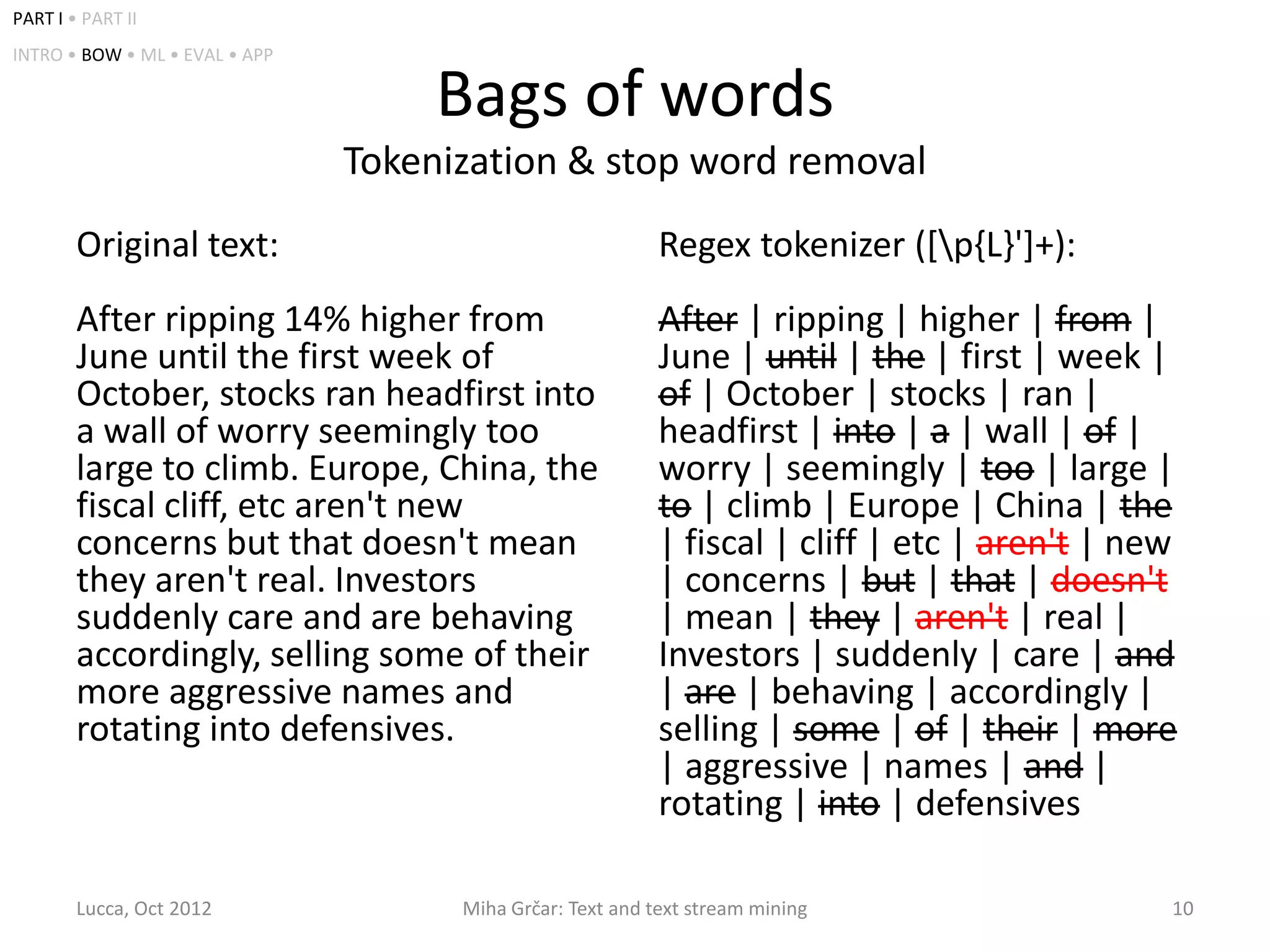 PART I • PART II
INTRO • BOW • ML • EVAL • APP

                                     Bags of words
                                Tokenization & stop word removal
        Original text:                                      Regex tokenizer ([p{L}']+):
        After ripping 14% higher from                       After | ripping | higher | from |
        June until the first week of                        June | until | the | first | week |
        October, stocks ran headfirst into                  of | October | stocks | ran |
        a wall of worry seemingly too                       headfirst | into | a | wall | of |
        large to climb. Europe, China, the                  worry | seemingly | too | large |
        fiscal cliff, etc aren't new                        to | climb | Europe | China | the
        concerns but that doesn't mean                      | fiscal | cliff | etc | aren't | new
        they aren't real. Investors                         | concerns | but | that | doesn't
        suddenly care and are behaving                      | mean | they | aren't | real |
        accordingly, selling some of their                  Investors | suddenly | care | and
        more aggressive names and                           | are | behaving | accordingly |
        rotating into defensives.                           selling | some | of | their | more
                                                            | aggressive | names | and |
                                                            rotating | into | defensives

        Lucca, Oct 2012               Miha Grčar: Text and text stream mining                   10
 