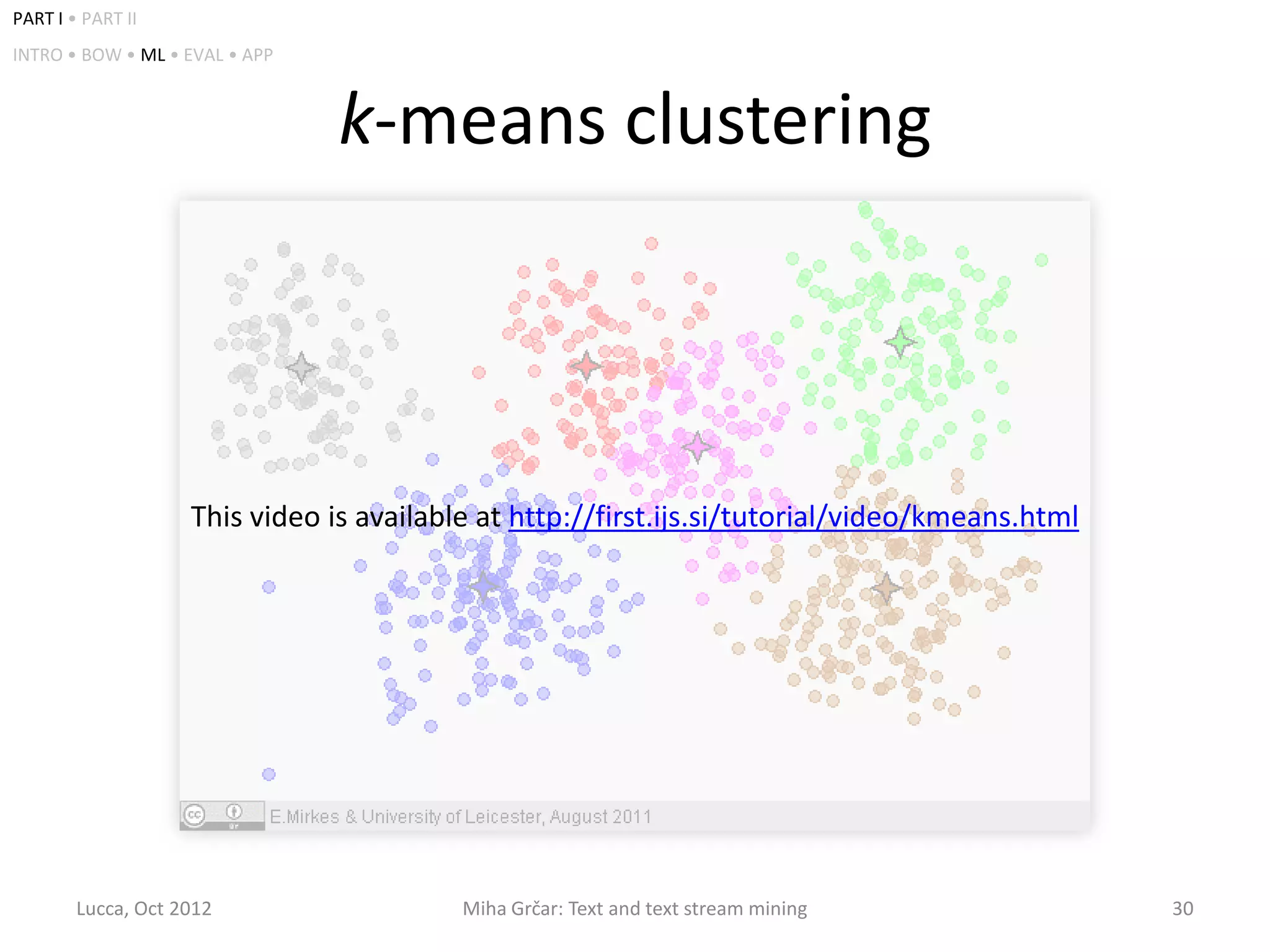 PART I • PART II
INTRO • BOW • ML • EVAL • APP



                                k-means clustering



                    This video is available at http://first.ijs.si/tutorial/video/kmeans.html




        Lucca, Oct 2012                   Miha Grčar: Text and text stream mining               30
 