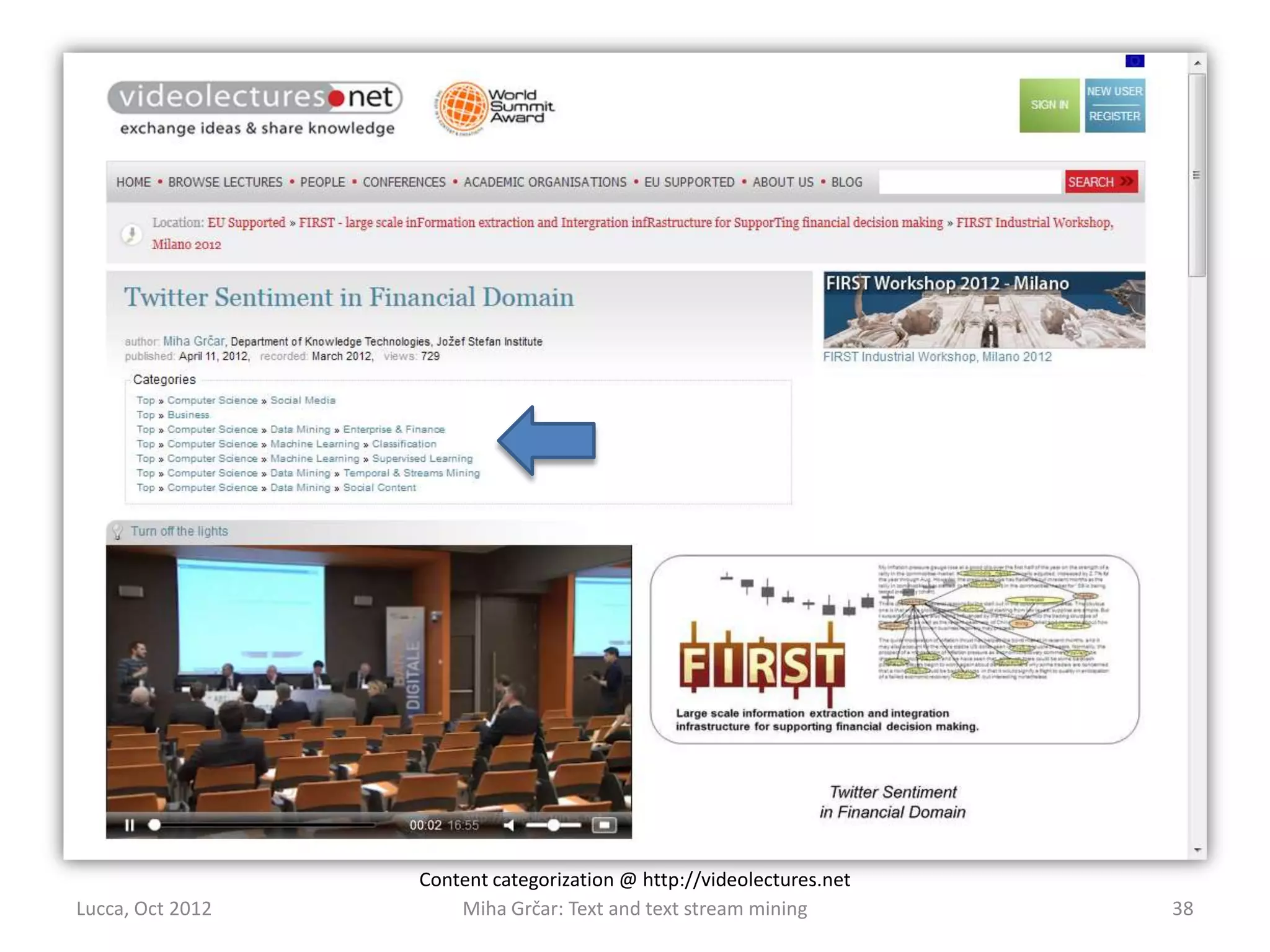 Content categorization @ http://videolectures.net
Lucca, Oct 2012       Miha Grčar: Text and text stream mining         38
 