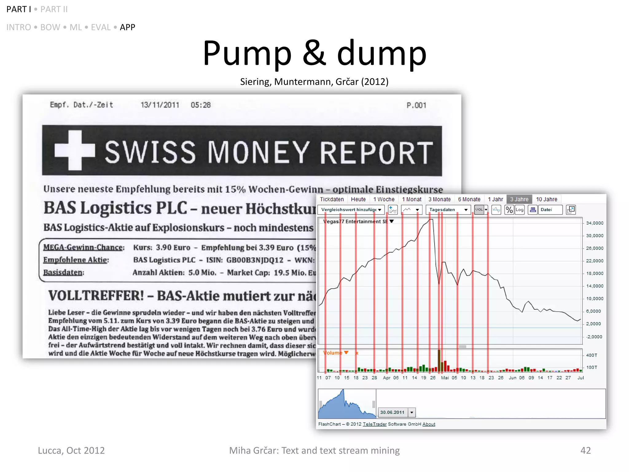 PART I • PART II
INTRO • BOW • ML • EVAL • APP


                                Pump & dump
                                   Siering, Muntermann, Grčar (2012)




        Lucca, Oct 2012          Miha Grčar: Text and text stream mining   42
 