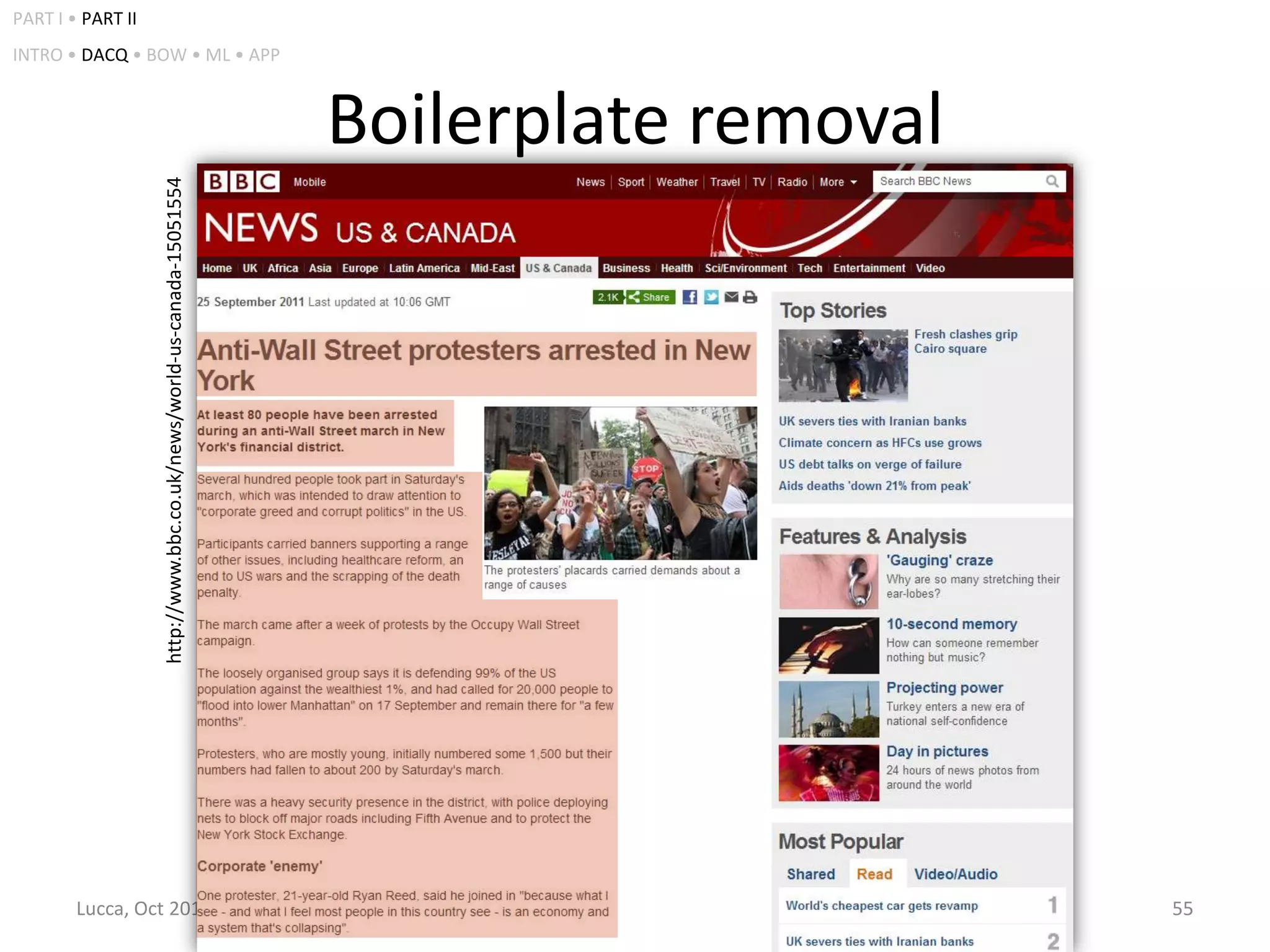 PART I • PART II
INTRO • DACQ • BOW • ML • APP




                   http://www.bbc.co.uk/news/world-us-canada-15051554
                                                                        Boilerplate removal




        Lucca, Oct 2012                                                     Miha Grčar: Text and text stream mining   55
 