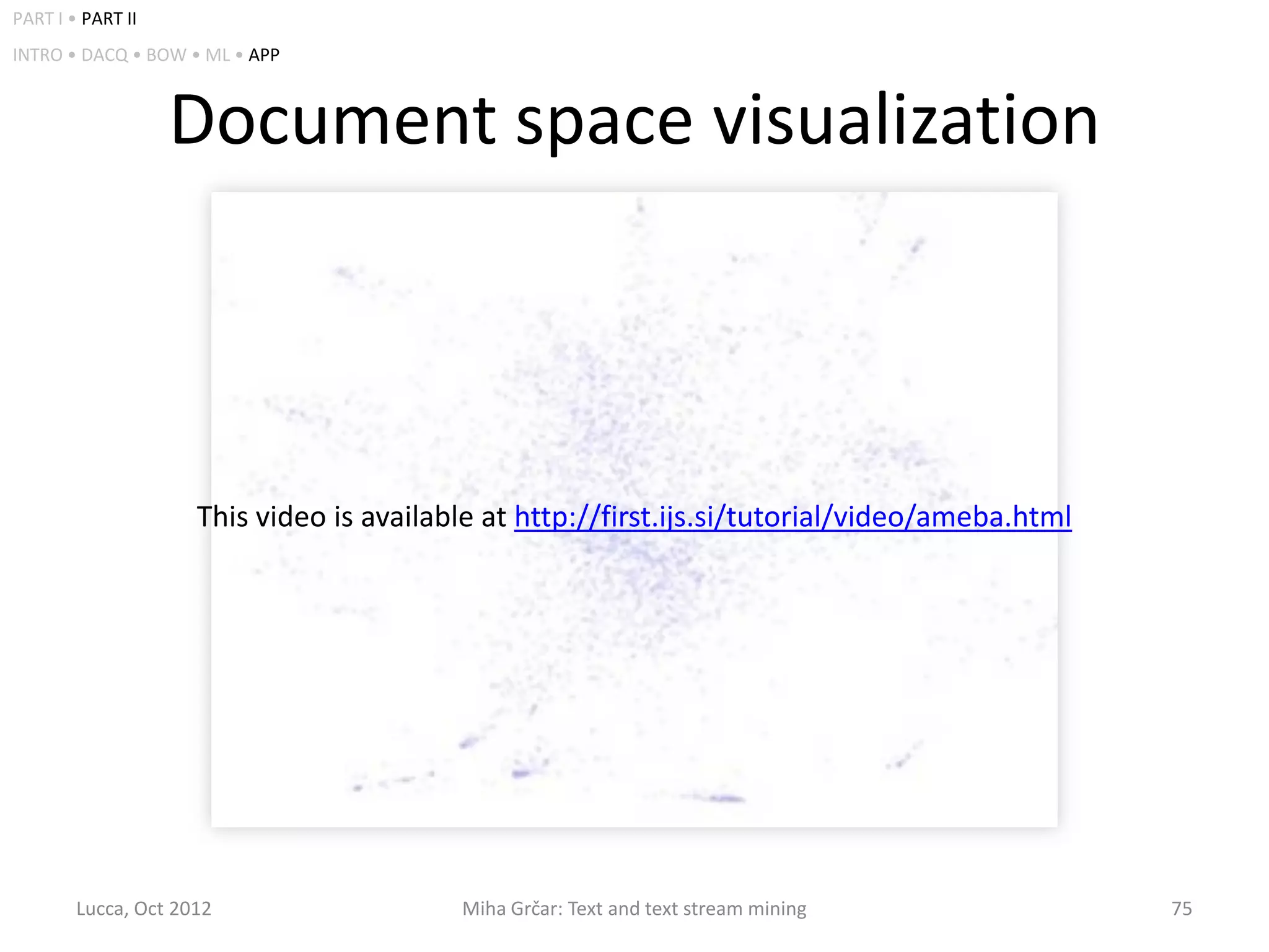 PART I • PART II
INTRO • DACQ • BOW • ML • APP



                   Document space visualization



                     This video is available at http://first.ijs.si/tutorial/video/ameba.html




        Lucca, Oct 2012                   Miha Grčar: Text and text stream mining               75
 