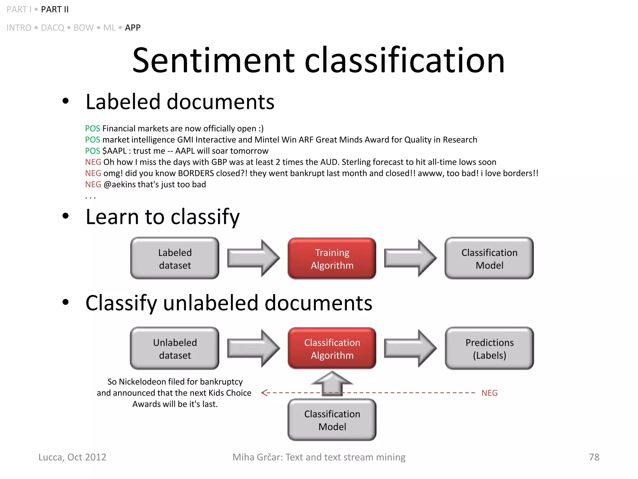 PART I • PART II
INTRO • DACQ • BOW • ML • APP



                              Sentiment classification
              • Labeled documents
                   POS Financial markets are now officially open :)
                   POS market intelligence GMI Interactive and Mintel Win ARF Great Minds Award for Quality in Research
                   POS $AAPL : trust me -- AAPL will soar tomorrow
                   NEG Oh how I miss the days with GBP was at least 2 times the AUD. Sterling forecast to hit all-time lows soon
                   NEG omg! did you know BORDERS closed?! they went bankrupt last month and closed!! awww, too bad! i love borders!!
                   NEG @aekins that's just too bad
                   ...

              • Learn to classify
                                     Labeled                                Training                            Classification
                                     dataset                               Algorithm                               Model


              • Classify unlabeled documents
                                   Unlabeled                             Classification                          Predictions
                                    dataset                               Algorithm                                (Labels)

                       So Nickelodeon filed for bankruptcy
                     and announced that the next Kids Choice                                                         NEG
                             Awards will be it's last.
                                                                         Classification
                                                                            Model

        Lucca, Oct 2012                                Miha Grčar: Text and text stream mining                                         78
 
