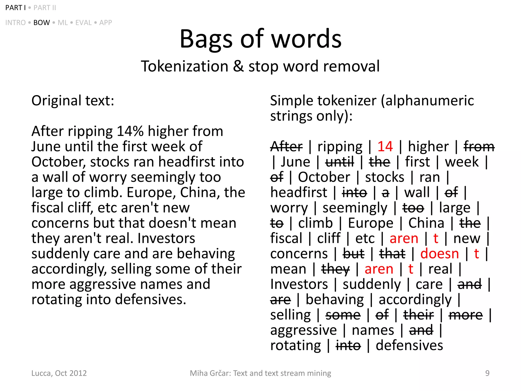 PART I • PART II
INTRO • BOW • ML • EVAL • APP

                                     Bags of words
                                Tokenization & stop word removal
        Original text:                                      Simple tokenizer (alphanumeric
                                                            strings only):
        After ripping 14% higher from
        June until the first week of                        After | ripping | 14 | higher | from
        October, stocks ran headfirst into                  | June | until | the | first | week |
        a wall of worry seemingly too                       of | October | stocks | ran |
        large to climb. Europe, China, the                  headfirst | into | a | wall | of |
        fiscal cliff, etc aren't new                        worry | seemingly | too | large |
        concerns but that doesn't mean                      to | climb | Europe | China | the |
        they aren't real. Investors                         fiscal | cliff | etc | aren | t | new |
        suddenly care and are behaving                      concerns | but | that | doesn | t |
        accordingly, selling some of their                  mean | they | aren | t | real |
        more aggressive names and                           Investors | suddenly | care | and |
        rotating into defensives.                           are | behaving | accordingly |
                                                            selling | some | of | their | more |
                                                            aggressive | names | and |
                                                            rotating | into | defensives
        Lucca, Oct 2012               Miha Grčar: Text and text stream mining                    9
 