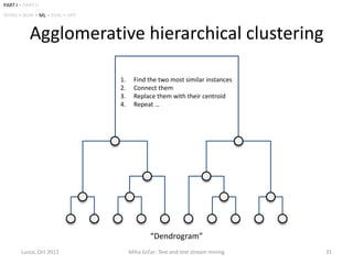 PART I • PART II
INTRO • BOW • ML • EVAL • APP



            Agglomerative hierarchical clustering

                                1.     Find the two most similar instances
                                2.     Connect them
                                3.     Replace them with their centroid
                                4.     Repeat …




                                             “Dendrogram”
        Lucca, Oct 2012              Miha Grčar: Text and text stream mining   31
 