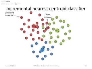 PART I • PART II
INTRO • DACQ • BOW • ML • APP



         Incremental nearest centroid classifier
       Outdated
       instance                                   New
                                                instance




        Lucca, Oct 2012         Miha Grčar: Text and text stream mining   67
 