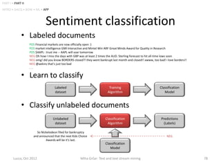 PART I • PART II
INTRO • DACQ • BOW • ML • APP



                              Sentiment classification
              • Labeled documents
                   POS Financial markets are now officially open :)
                   POS market intelligence GMI Interactive and Mintel Win ARF Great Minds Award for Quality in Research
                   POS $AAPL : trust me -- AAPL will soar tomorrow
                   NEG Oh how I miss the days with GBP was at least 2 times the AUD. Sterling forecast to hit all-time lows soon
                   NEG omg! did you know BORDERS closed?! they went bankrupt last month and closed!! awww, too bad! i love borders!!
                   NEG @aekins that's just too bad
                   ...

              • Learn to classify
                                     Labeled                                Training                            Classification
                                     dataset                               Algorithm                               Model


              • Classify unlabeled documents
                                   Unlabeled                             Classification                          Predictions
                                    dataset                               Algorithm                                (Labels)

                       So Nickelodeon filed for bankruptcy
                     and announced that the next Kids Choice                                                         NEG
                             Awards will be it's last.
                                                                         Classification
                                                                            Model

        Lucca, Oct 2012                                Miha Grčar: Text and text stream mining                                         78
 