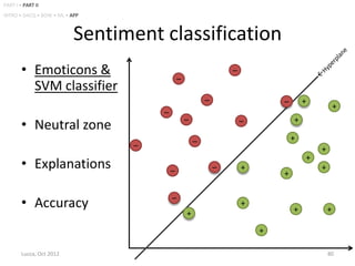PART I • PART II
INTRO • DACQ • BOW • ML • APP



                           Sentiment classification
        • Emoticons &                                            –
                                             –
          SVM classifier
                                                         –                   –       +
                                                                                                 +
                                     –
        • Neutral zone                           –                   –           +

                                                     –                           +
                                 –                                                       +
                                                                                     +
        • Explanations                   –                   –       +                   +
                                                                             +


        • Accuracy                       –
                                                                     +
                                                                                 +           +
                                                 +
                                                                         +

        Lucca, Oct 2012                                                                      80
 