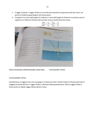 15
1. Il raggio incidente, il raggio rifratto e la normale alla superficie di separazione dei due mezzi, nel
punto di incidenza appartengono allo stesso piano.
2. Il rapporto tra il seno dell’angolo di incidenza e il seno dell’angolo di rifrazione è costante e pari al
rapporto tra l’indice di rifrazione del secondo mezzo e quello del primo mezzo
sin𝑖̂
sin𝑟̂
=
𝑛2
𝑛1
=
𝑐
𝑣2
⁄
𝑐
𝑣1
⁄
=
𝑣1
𝑣2
CERCA IN GOOGOL DIMOSTRAZIONE LEGGE SNELL E RIFLESSIONE TOTALE
LA RIFLESSIONE TOTALE
Consideriamo un raggio di luce che si propaga in un blocco di vetro. Poiché l’indice di rifrazione del vetro è
maggiore di quello dell’aria, il raggio rifratto si allontana dalla perpendicolare. Oltre al raggio rifratto si
forma anche un debole raggio riflesso dentro il vetro.
 