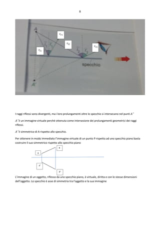 8
I raggi riflessi sono divergenti, ma i loro prolungamenti oltre lo specchio si intersecano nel punti 𝐴 ′
𝐴 ′
è un immagine virtuale perché ottenuta come intersezione dei prolungamenti geometrici dei raggi
riflessi.
𝐴 ′
è simmetrico di A rispetto allo specchio.
Per ottenere in modo immediato l’immagine virtuale di un punto P rispetto ad uno specchio piano basta
costruire il suo simmetrico rispetto allo specchio piano
L’immagine di un oggetto, riflesso da uno specchio piano, è virtuale, diritta e con le stesse dimensioni
dell’oggetto. Lo specchio è asse di simmetria tra l’oggetto e la sua immagine
A
B
𝐴′
𝐵′
𝑟𝑟1
𝑟𝑖1
𝑟𝑖2
𝑟𝑟2
 