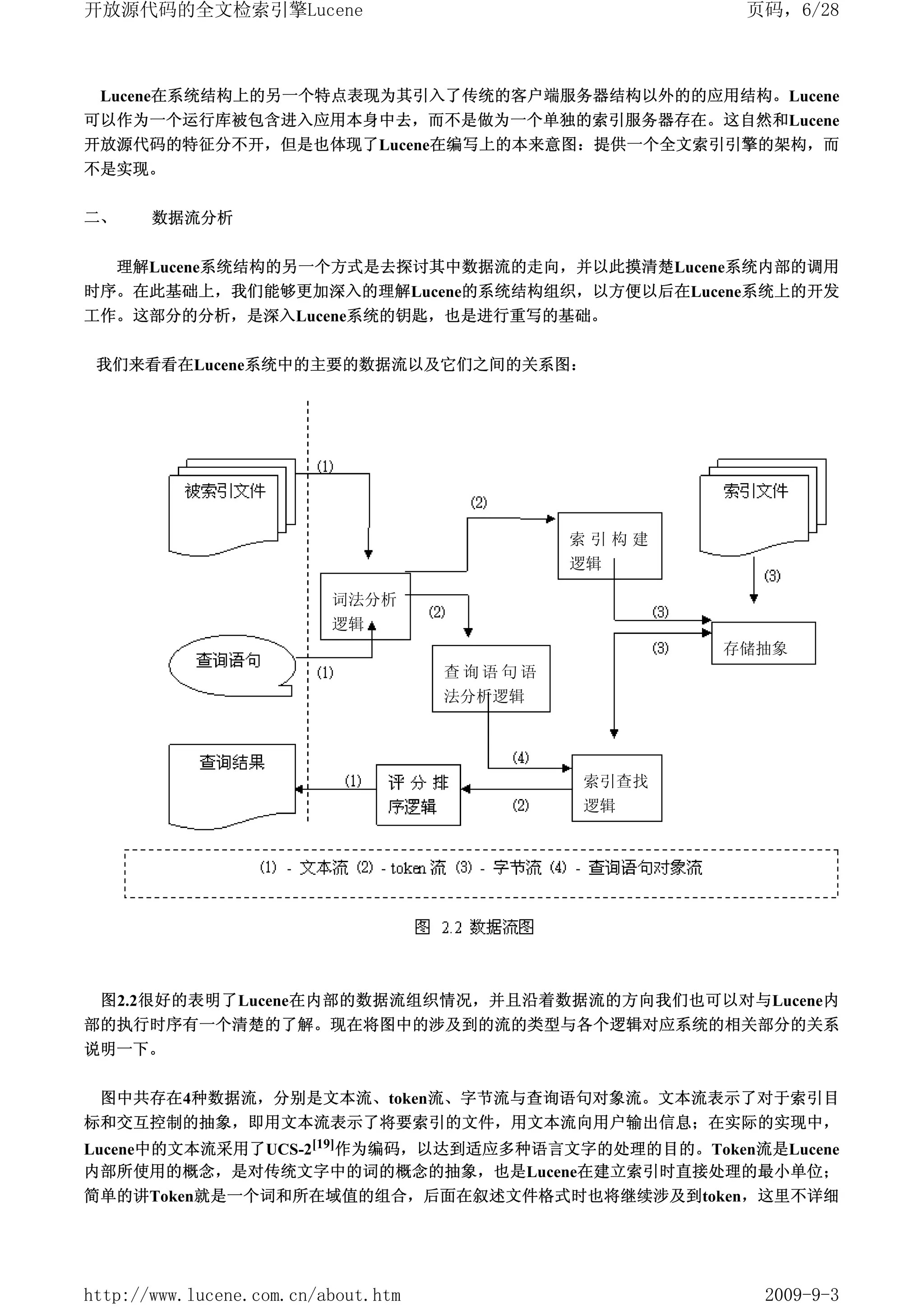 开放源代码的全文检索引擎Lucene                                   页码，6/28



 Lucene在系统结构上的另一个特点表现为其引入了传统的客户端服务器结构以外的的应用结构。Lucene
可以作为一个运行库被包含进入应用本身中去，而不是做为一个单独的索引服务器存在。这自然和Lucene
开放源代码的特征分不开，但是也体现了Lucene在编写上的本来意图：提供一个全文索引引擎的架构，而
不是实现。

二、     数据流分析


     理解Lucene系统结构的另一个方式是去探讨其中数据流的走向，并以此摸清楚Lucene系统内部的调用
时序。在此基础上，我们能够更加深入的理解Lucene的系统结构组织，以方便以后在Lucene系统上的开发
工作。这部分的分析，是深入Lucene系统的钥匙，也是进行重写的基础。


 我们来看看在Lucene系统中的主要的数据流以及它们之间的关系图：




                                             索引构建
                                             逻辑

                          词法分析
                          逻辑
                                                    存储抽象
                                     查询语句语
                                     法分析逻辑




                                             索引查找
                                             逻辑




 图2.2很好的表明了Lucene在内部的数据流组织情况，并且沿着数据流的方向我们也可以对与Lucene内
部的执行时序有一个清楚的了解。现在将图中的涉及到的流的类型与各个逻辑对应系统的相关部分的关系
说明一下。


 图中共存在4种数据流，分别是文本流、token流、字节流与查询语句对象流。文本流表示了对于索引目
标和交互控制的抽象，即用文本流表示了将要索引的文件，用文本流向用户输出信息；在实际的实现中，
Lucene中的文本流采用了UCS-2[19]作为编码，以达到适应多种语言文字的处理的目的。Token流是Lucene
内部所使用的概念，是对传统文字中的词的概念的抽象，也是Lucene在建立索引时直接处理的最小单位；
简单的讲Token就是一个词和所在域值的组合，后面在叙述文件格式时也将继续涉及到token，这里不详细




http://www.lucene.com.cn/about.htm                    2009-9-3
 