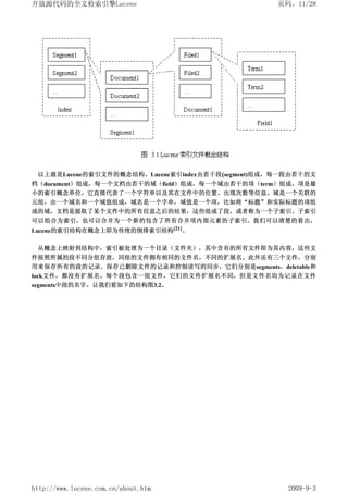 开放源代码的全文检索引擎Lucene                                页码，11/28




 以上就是Lucene的索引文件的概念结构。Lucene索引index由若干段(segment)组成，每一段由若干的文
档（document）组成，每一个文档由若干的域（field）组成，每一个域由若干的项（term）组成。项是最
小的索引概念单位，它直接代表了一个字符串以及其在文件中的位置、出现次数等信息。域是一个关联的
元组，由一个域名和一个域值组成，域名是一个字串，域值是一个项，比如将“标题”和实际标题的项组
成的域。文档是提取了某个文件中的所有信息之后的结果，这些组成了段，或者称为一个子索引。子索引
可以组合为索引，也可以合并为一个新的包含了所有合并项内部元素的子索引。我们可以清楚的看出，
Lucene的索引结构在概念上即为传统的倒排索引结构[21]。

 从概念上映射到结构中，索引被处理为一个目录（文件夹），其中含有的所有文件即为其内容，这些文
件按照所属的段不同分组存放，同组的文件拥有相同的文件名，不同的扩展名。此外还有三个文件，分别
用来保存所有的段的记录、保存已删除文件的记录和控制读写的同步，它们分别是segments，deletable和
lock文件，都没有扩展名。每个段包含一组文件，它们的文件扩展名不同，但是文件名均为记录在文件
segments中段的名字。让我们看如下的结构图3.2。




http://www.lucene.com.cn/about.htm                   2009-9-3
 