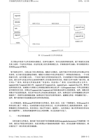 开放源代码的全文检索引擎Lucene                                                       页码，12/28




                        域集合信息                域值存储表




                                                                      标准化因子
                                项字典                   项频数



                                                                      被删除文档
       index
                        项集合信息                         项位置



                                             segment1所含文件


                               图 3.2 Lucene索引文件结构组成


 关于图3.2中的各个文件具体的内部格式，在参考文献3中，均可以找到详细的说明。接下来我们从宏观
关系上说明一下这些文件组成。在这些宏观上的关系理清楚之后，仔细阅读参考文献3，即可清楚的明白
具体的Lucene文件格式。


 每个段的文件中，主要记录了两大类的信息：域集合与项集合。这两个集合中所含有的文件在图3.2中均
有表明。由于索引信息是静态存储的，域集合与项集合中的文件组采用了一种类似的存储办法：一个小型
的索引文件，运行时载入内存；一个对应于索引文件的实际信息文件，可以按照索引中指示的偏移量随机
访问；索引文件与信息文件在记录的排列顺序上存在隐式的对应关系，即索引文件中按照“索引项1、索
引 项 2…” 排 列，则 信 息 文 件 则 也 按 照 “ 信 息 项 1、信 息 项 2…” 排 列。比 如 在 图 3.2 所 示 文 件 中，
segment1.fdx与segment1.fdt之间，segment1.tii与segment1.tis、segment1.prx、segment1.frq之间，都存在
这样的组织关系。而域集合与项集合之间则通过域的在域记录文件（比如segment1.fnm）中所记录的域记
录号维持对应关系，在图3.2中segment1.fdx与segment1.tii中就是通过这种方式保持联系。这样，域集合和
项集合不仅仅联系起来，而且其中的文件之间也相互联系起来。此外，标准化因子文件和被删除文档文件
则提供了一些程序内部的辅助设施（标准化因子用在评分排序机制中，被删除文档是一种伪删除手段）。
这样，整个段的索引信息就通过这些文档有机的组成。


 以上所阐述的，就是Lucene所采用的索引文件格式。基本上而言，它是一个倒排索引，但是Lucene在文
件的安排上做了一些努力，比如使用索引/信息文件的方式，从文件安排的形式上提高查找的效率。这是一
种数据库之外的处理方法，其有其优点（格式平台独立、速度快），也有其缺点（独立性带来的共享访问
接口问题等等），具体如何衡量两种方法之间的利弊，本文这里就不讨论了。

三、     一些公用的基础类


     分析完索引文件格式，我们接下来应该着手对存储抽象也就是org.apache.lucenestore中的源码做一些
分析。我们先不着急分析这部分，而是分析图2.1中基础结构封装那一部分，因为这是整个系统的基石，然
后我们在下一部分再来分析存储抽象。




http://www.lucene.com.cn/about.htm                                          2009-9-3
 