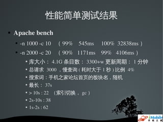 性能简单测试结果
   Apache bench
       ­n 1000 ­c 10   （ 99%    545ms     100%  32838ms ）
       ­n 2000 ­c 20   （ 90%   1171ms    99%   4106ms ）
             库大小： 4.1G 条目数： 3300+w 更新周期： 1 分钟
             总请求 3000 ，慢查询 ( 耗时大于 1 秒 ) 比例 4%
          
              搜索词：手机之家论坛首页的板块名，随机
          
              最长： 37s
             > 10s : 22  （索引切换， gc ）
             2s­10s : 38
             1s­2s : 62
 