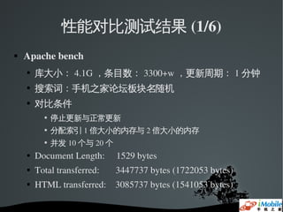 性能对比测试结果 (1/6)
   Apache bench
       库大小： 4.1G ，条目数： 3300+w ，更新周期： 1 分钟
       搜索词：手机之家论坛板块名随机
       对比条件
             停止更新与正常更新
             分配索引 1 倍大小的内存与 2 倍大小的内存
             并发 10 个与 20 个
       Document Length:     1529 bytes
       Total transferred:       3447737 bytes (1722053 bytes)
       HTML transferred:    3085737 bytes (1541053 bytes)
 