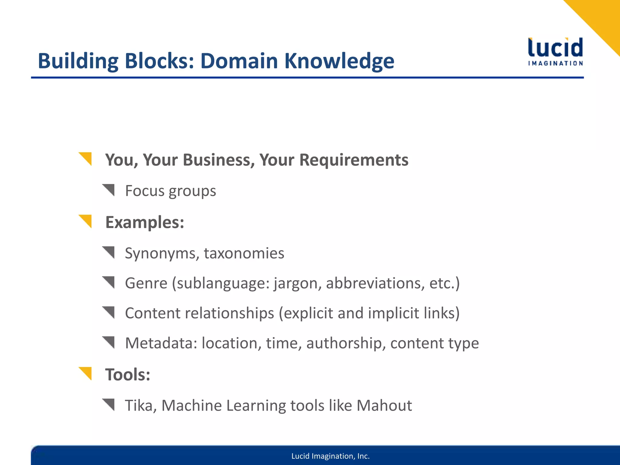 Lucid Imagination, Inc.
Building Blocks: Domain Knowledge
You, Your Business, Your Requirements
Focus groups
Examples:
Synonyms, taxonomies
Genre (sublanguage: jargon, abbreviations, etc.)
Content relationships (explicit and implicit links)
Metadata: location, time, authorship, content type
Tools:
Tika, Machine Learning tools like Mahout
 