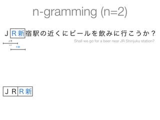 n-gramming (n=2)
Ｊ Ｒ新 宿 駅 の 近 く に ビ ー ル を 飲 み に 行 こ う か ？
 ＪＲ                Shall we go for a beer near JR Shinjuku station?
 n=2
       Ｒ新




ＪＲ Ｒ新
 
