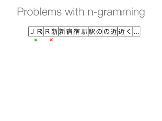 Problems with n-gramming
  ＪＲ Ｒ新 新宿 宿駅 駅の の近 近く ...
   ●  ×
 
