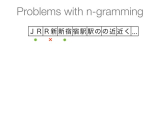 Problems with n-gramming
  ＪＲ Ｒ新 新宿 宿駅 駅の の近 近く ...
   ●  ×  ●
 