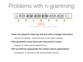 Problems with n-gramming
         ＪＲ Ｒ新 新宿 宿駅 駅の の近 近く ...
          ●  ×  ●  ×  ×  ×  ●
                                        change of
                                       semantics!
                           means ‘post town’, ‘relay station’ or ‘stage’




•   Does not preserve meaning well and often changes semantics
     •   Impacts on ranking - search precision (many false positives)
•   Also generates many terms per document or query
     •   Impacts on index size and performance
•   Still sometimes appropriate for certain search applications
     •   Compliance, e-commerce with special product names, ...
 
