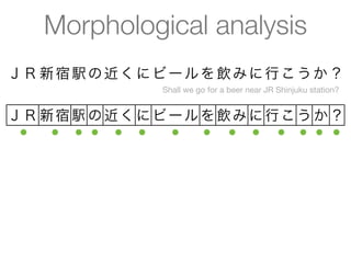 Morphological analysis
ＪＲ 新 宿 駅 の 近 く に ビ ー ル を 飲 み に 行 こ う か ？
                  Shall we go for a beer near JR Shinjuku station?


ＪＲ 新宿 駅 の 近く に ビ ー ル を 飲み に 行こ う か ？
 ●  ● ● ● ● ●    ●   ● ● ● ● ● ● ●
 