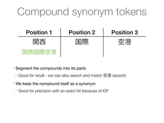 Compound synonym tokens
            Position 1              Position 2                Position 3
                関西                      国際                      空港
          関西国際空港

•   Segment the compounds into its parts
    •   Good for recall - we can also search and match 空港 (airport)
•   We keep the compound itself as a synonym
    •   Good for precision with an exact hit because of IDF
•   Approach beneﬁts both precision and recall for overall good ranking
    •   JapaneseTokenizer actually returns a graph of tokens
 