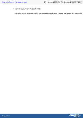http://forfuture1978.javaeye.com                         1.7 Lucene学习总结之四：Lucene索引过程分析(2)


                --> StoredFieldsWriter$PerDoc.finish()

                   --> fieldsWriter.flushDocument(perDoc.numStoredFields, perDoc.fdt);将存储域信息真正写入文




第 114 / 199 页
 