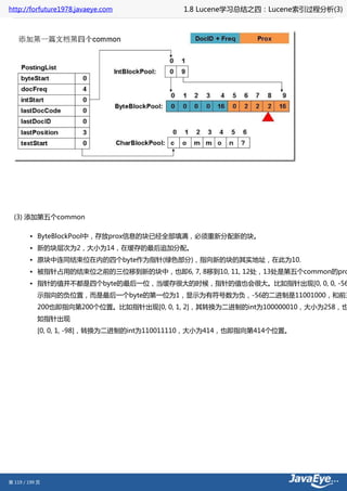 http://forfuture1978.javaeye.com          1.8 Lucene学习总结之四：Lucene索引过程分析(3)




  (3) 添加第五个common

        • ByteBlockPool中，存放prox信息的块已经全部填满，必须重新分配新的块。
        • 新的块层次为2，大小为14，在缓存的最后追加分配。
        • 原块中连同结束位在内的四个byte作为指针(绿色部分)，指向新的块的其实地址，在此为10.
        • 被指针占用的结束位之前的三位移到新的块中，也即6, 7, 8移到10, 11, 12处，13处是第五个common的pro
        • 指针的值并不都是四个byte的最后一位，当缓存很大的时候，指针的值也会很大。比如指针出现[0, 0, 0, -56
           示指向的负位置，而是最后一个byte的第一位为1，显示为有符号数为负，-56的二进制是11001000，和前三
           200也即指向第200个位置。比如指针出现[0, 0, 1, 2]，其转换为二进制的int为100000010，大小为258，也
           如指针出现
           [0, 0, 1, -98]，转换为二进制的int为110011110，大小为414，也即指向第414个位置。




第 119 / 199 页
 