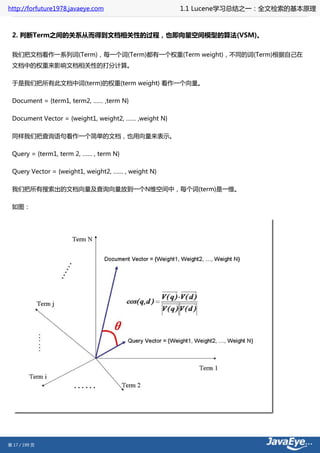 http://forfuture1978.javaeye.com                      1.1 Lucene学习总结之一：全文检索的基本原理



 2. 判断Term之间的关系从而得到文档相关性的过程，也即向量空间模型的算法(VSM)。

 我们把文档看作一系列词(Term)，每一个词(Term)都有一个权重(Term weight)，不同的词(Term)根据自己在
 文档中的权重来影响文档相关性的打分计算。

 于是我们把所有此文档中词(term)的权重(term weight) 看作一个向量。

 Document = {term1, term2, …… ,term N}

 Document Vector = {weight1, weight2, …… ,weight N}

 同样我们把查询语句看作一个简单的文档，也用向量来表示。

 Query = {term1, term 2, …… , term N}

 Query Vector = {weight1, weight2, …… , weight N}

 我们把所有搜索出的文档向量及查询向量放到一个N维空间中，每个词(term)是一维。

 如图：




第 17 / 199 页
 