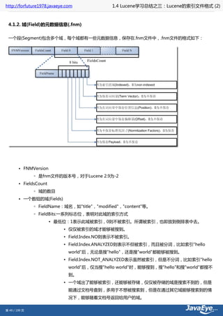 http://forfuture1978.javaeye.com             1.4 Lucene学习总结之三：Lucene的索引文件格式 (2)



 4.1.2. 域(Field)的元数据信息(.fnm)

 一个段(Segment)包含多个域，每个域都有一些元数据信息，保存在.fnm文件中，.fnm文件的格式如下：




        • FNMVersion
               ◦ 是fnm文件的版本号，对于Lucene 2.9为-2
        • FieldsCount
               ◦ 域的数目
        • 一个数组的域(Fields)
               ◦ FieldName：域名，如"title"，"modified"，"content"等。
               ◦ FieldBits:一系列标志位，表明对此域的索引方式
                        ▪ 最低位：1表示此域被索引，0则不被索引。所谓被索引，也即放到倒排表中去。
                           ▪ 仅仅被索引的域才能够被搜到。
                           ▪ Field.Index.NO则表示不被索引。
                           ▪ Field.Index.ANALYZED则表示不但被索引，而且被分词，比如索引"hello
                              world"后，无论是搜"hello"，还是搜"world"都能够被搜到。
                           ▪ Field.Index.NOT_ANALYZED表示虽然被索引，但是不分词，比如索引"hello
                              world"后，仅当搜"hello world"时，能够搜到，搜"hello"和搜"world"都搜不
                              到。
                           ▪ 一个域出了能够被索引，还能够被存储，仅仅被存储的域是搜索不到的，但是
                              能通过文档号查到，多用于不想被搜索到，但是在通过其它域能够搜索到的情
                              况下，能够随着文档号返回给用户的域。

第 49 / 199 页
 