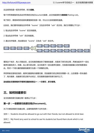 http://forfuture1978.javaeye.com                        1.1 Lucene学习总结之一：全文检索的基本原理


 左边保存的是一系列字符串，称为词典。

 每个字符串都指向包含此字符串的文档(Document)链表，此文档链表称为倒排表(Posting List)。

 有了索引，便使保存的信息和要搜索的信息一致，可以大大加快搜索的速度。

 比如说，我们要寻找既包含字符串“lucene”又包含字符串“solr”的文档，我们只需要以下几步：

 1. 取出包含字符串“lucene”的文档链表。

 2. 取出包含字符串“solr”的文档链表。

 3. 通过合并链表，找出既包含“lucene”又包含“solr”的文件。




 看到这个地方，有人可能会说，全文检索的确加快了搜索的速度，但是多了索引的过程，两者加起来不一定比
 顺序扫描快多少。的确，加上索引的过程，全文检索不一定比顺序扫描快，尤其是在数据量小的时候更是如
 此。而对一个很大量的数据创建索引也是一个很慢的过程。

 然而两者还是有区别的，顺序扫描是每次都要扫描，而创建索引的过程仅仅需要一次，以后便是一劳永逸的
 了，每次搜索，创建索引的过程不必经过，仅仅搜索创建好的索引就可以了。

 这也是全文搜索相对于顺序扫描的优势之一：一次索引，多次使用。




 三、如何创建索引
 全文检索的索引创建过程一般有以下几步：


 第一步：一些要索引的原文档(Document)。

 为了方便说明索引创建过程，这里特意用两个文件为例：

 文件一：Students should be allowed to go out with their friends, but not allowed to drink beer.

 文件二：My friend Jerry went to school to see his students but found them drunk which is not
 allowed.



第 6 / 199 页
 