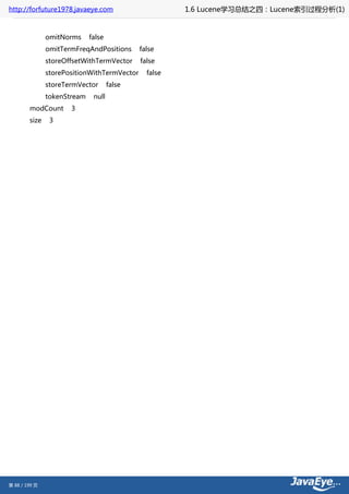http://forfuture1978.javaeye.com                       1.6 Lucene学习总结之四：Lucene索引过程分析(1)


               omitNorms     false
               omitTermFreqAndPositions      false
               storeOffsetWithTermVector     false
               storePositionWithTermVector     false
               storeTermVector       false
               tokenStream    null
        modCount      3
        size    3




第 88 / 199 页
 
