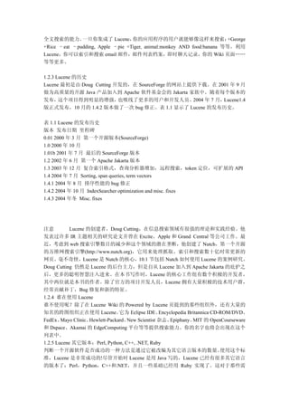 全文搜索的能力。      一旦你集成了 Lucene，      你的应用程序的用户就能够像这样来搜索：                   +George
+Rice –eat –pudding, Apple –pie +Tiger, animal:monkey AND food:banana 等等。利用
Lucene，你可以索引和搜索 email 邮件，邮件列表档案，即时聊天记录，你的 Wiki 页面……
等等更多。

1.2.3 Lucene 的历史
Lucene 最初是由 Doug Cutting 开发的，在 SourceForge 的网站上提供下载。在 2001 年 9 月
做为高质量的开源 Java 产品加入到 Apache 软件基金会的 Jakarta 家族中。随着每个版本的
发布，    这个项目得到明显的增强，       也吸线了更多的用户和开发人员。       2004 年 7 月，Lucene1.4
版正式发布，10 月的 1.4.2 版本做了一次 bug 修正。表 1.1 显示了 Lucene 的发布历史。

表 1.1 Lucene 的发布历史
版本 发布日期 里程碑
0.01 2000 年 3 月 第一个开源版本(SourceForge)
1.0 2000 年 10 月
1.01b 2001 年 7 月 最后的 SourceForge 版本
1.2 2002 年 6 月 第一个 Apache Jakarta 版本
1.3 2003 年 12 月 复合索引格式，查询分析器增加，远程搜索，token 定位，可扩展的 API
1.4 2004 年 7 月 Sorting, span queries, term vectors
1.4.1 2004 年 8 月 排序性能的 bug 修正
1.4.2 2004 年 10 月 IndexSearcher optimization and misc. fixes
1.4.3 2004 年冬 Misc. fixes




注意          Lucene 的创建者，Doug Cutting，在信息搜索领域有很强的理论和实践经验。他
发表过许多 IR 主题相关的研究论文并曾在 Excite、Apple 和 Grand Central 等公司工作。最
近，考虑到 web 搜索引擎数目的减少和这个领域的潜在垄断，他创建了 Nutch，第一个开源
的万维网搜索引擎(http://www.nutch.org)，它用来处理抓取、索引和搜索数十亿时常更新的
网页。毫不奇怪，Lucene 是 Nutch 的核心，10.1 节包括 Nutch 如何使用 Lucene 的案例研究。
Doug Cutting 仍然是 Lucene 的后台主力，但是自从 Lucene 加入到 Apache Jakarta 的庇护之
后，更多的聪明智慧注入进来。在本书写作时，Lucene 的核心工作组有数个积极的开发者，
其中两位就是本书的作者。除了官方的项目开发人员，Lucene 拥有大量积极的技术用户群，
经常贡献补丁，Bug 修复和新的特征。
1.2.4 谁在使用 Lucene
谁不使用呢？除了在 Lucene Wiki 的 Powered by Lucene 页提到的那些组织外，还有大量的
知名的跨图组织正在使用 Lucene。              它为 Eclipse IDE、  Encyclopedia Britannica CD-ROM/DVD、
FedEx、  Mayo Clinic、Hewlett-Packard、New Scientist 杂志、  Epiphany、 MIT 的 OpenCourseware
和 Dspace、Akamai 的 EdgeComputing 平台等等提供搜索能力。你的名字也将会出现在这个
列表中。
1.2.5 Lucene 其它版本：Perl, Python, C++, .NET, Ruby
判断一个开源软件是否成功的一种方法是通过它被改编为其它语言版本的数量。                                          使用这个标
准，Lucene 是非常成功的!尽管开始时 Lucene 是用 Java 写的，Lucene 已经有很多其它语言
的版本了：Perl，Python，C++和.NET，并且一些基础已经用 Ruby 实现了。这对于那些需
 