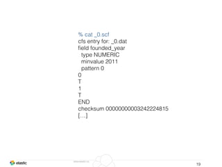 www.elastic.co
19
% cat _0.scf
cfs entry for: _0.dat
ﬁeld founded_year
type NUMERIC
minvalue 2011
pattern 0
0
T
1
T
END
checksum 00000000003242224815
[…]
 