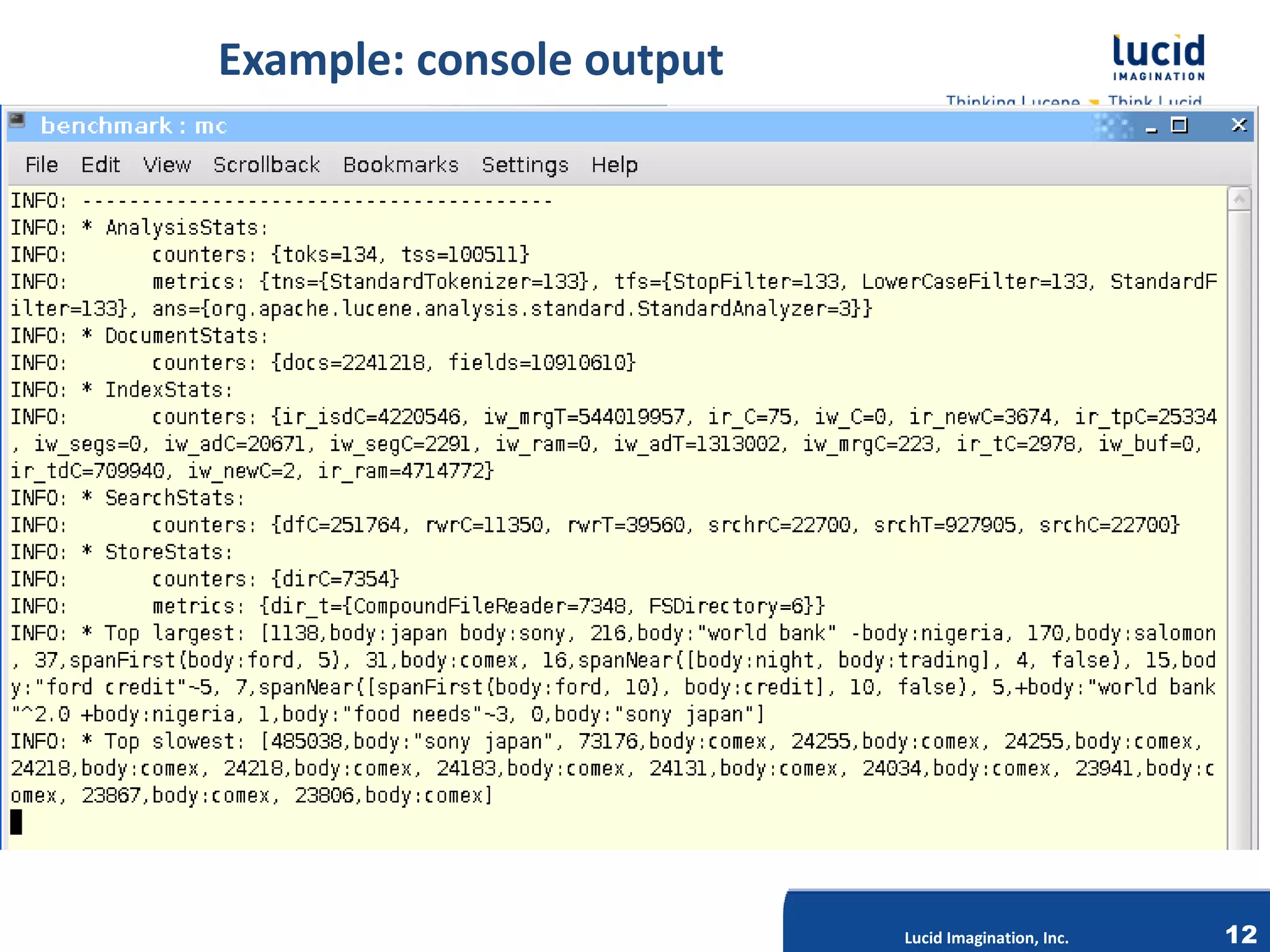 Example: console output




                Lucid Imagination, Inc.




                                          Lucid Imagination, Inc.   12
 