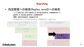 Searching
• 指定階層への検索(Replies, level2)への検索
16
q={!child of=“path:2.blog-posts.comments”}
path:2.blog-posts.comments
AND sen...
