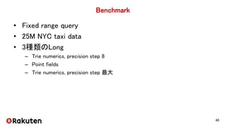 Benchmark
• Fixed range query
• 25M NYC taxi data
• 3種類のLong
– Trie numerics, precision step 8
– Point fields
– Trie numer...