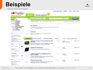 Beispiele
       Ebay Kleinanzeigen




19.04.2012    Wir nutzen Technologien, um unsere Kunden glücklich zu machen. Und uns selbst.   20
 